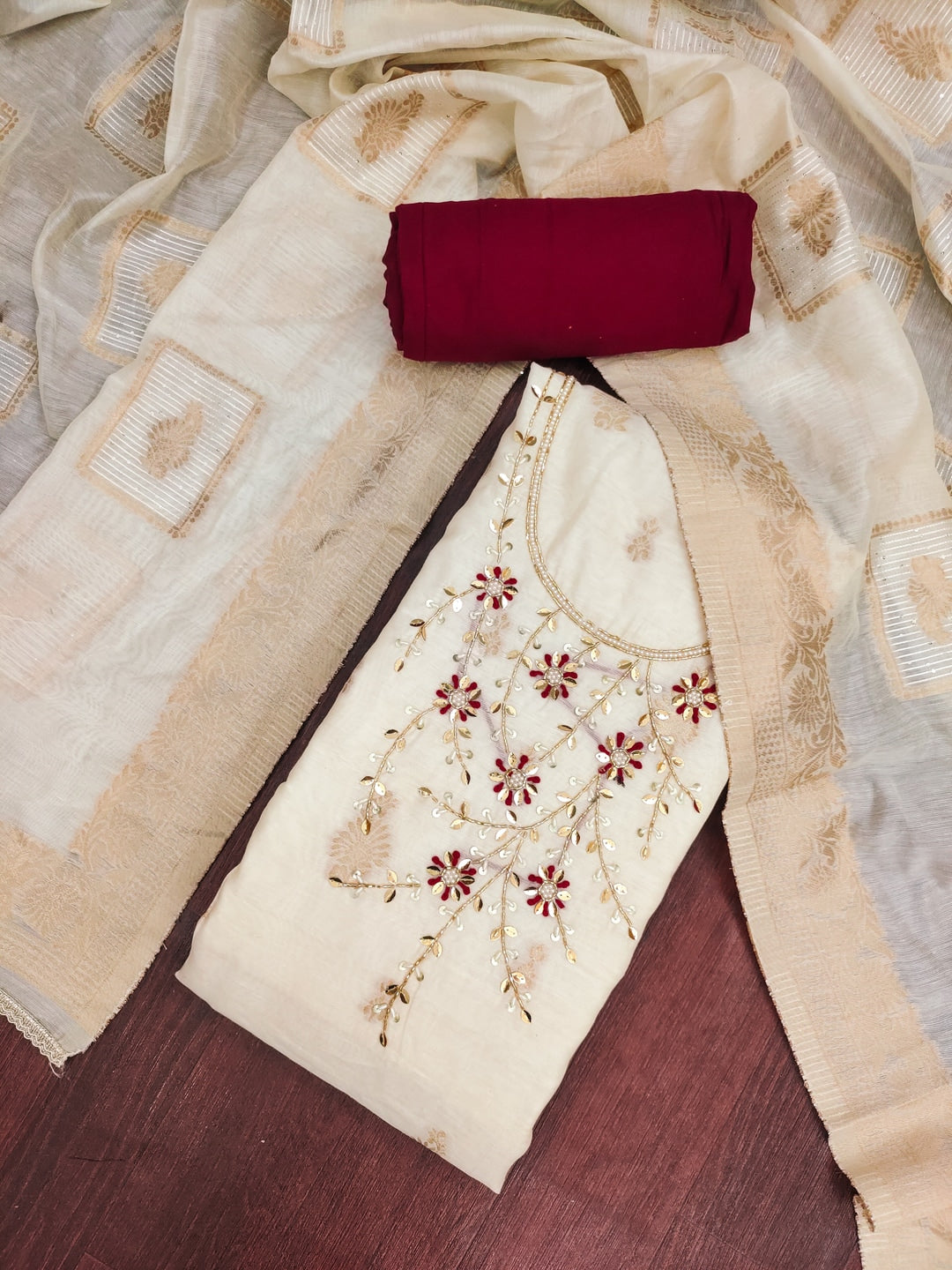Peachmode Cream Maroon Unstitched Dress Material - Image 4