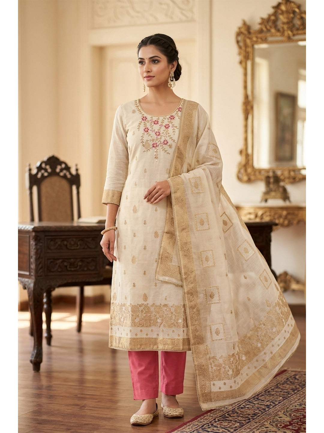 Peachmode Cream Gajri Unstitched Dress Material - Image 1