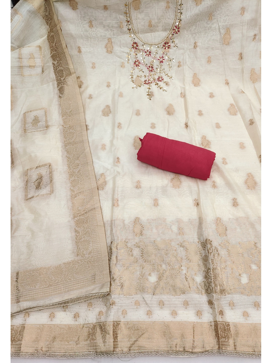 Peachmode Cream Gajri Unstitched Dress Material - Image 2