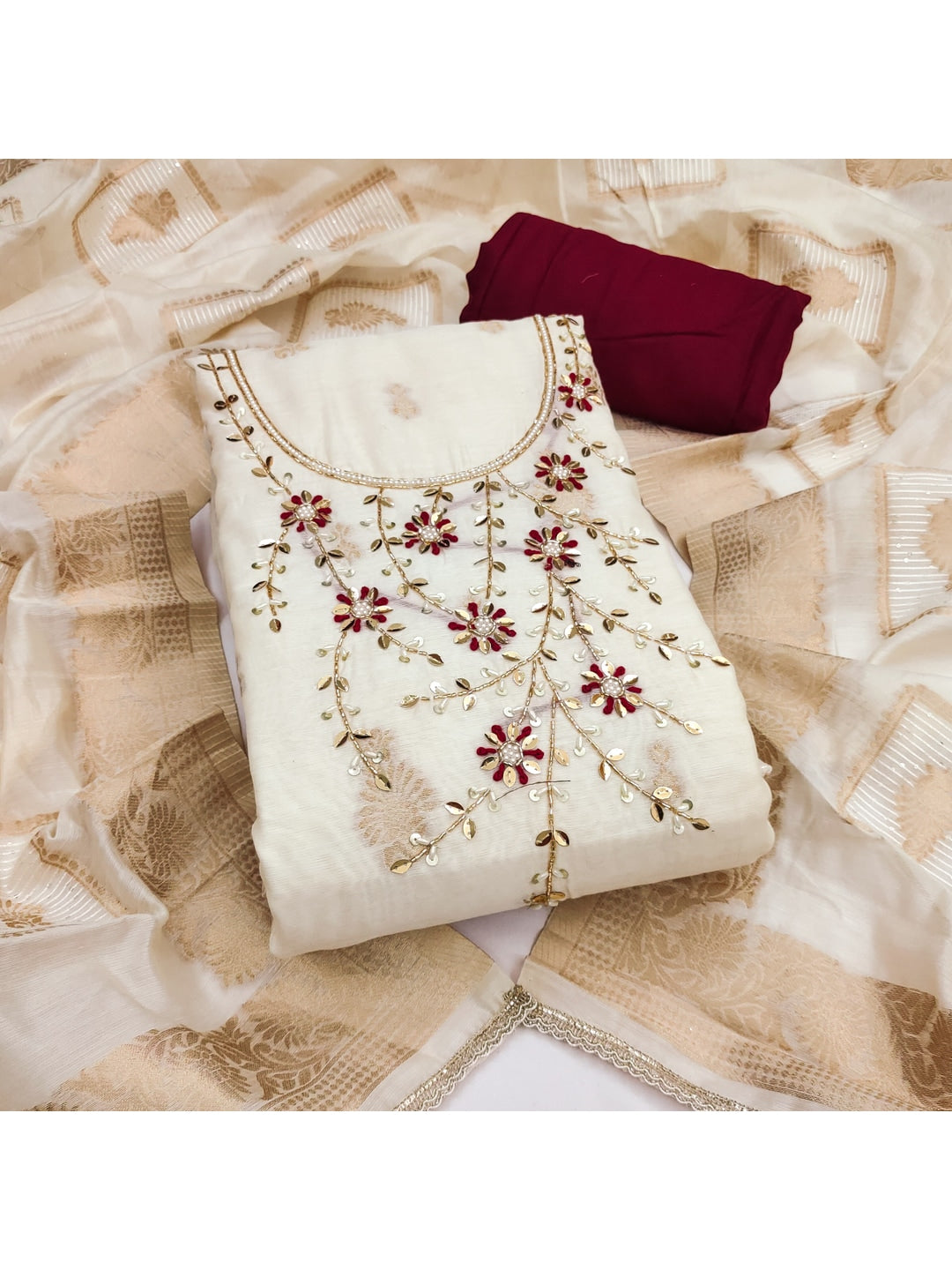 Peachmode Cream Gajri Unstitched Dress Material - Image 3