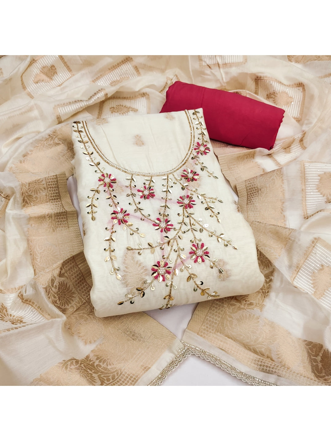 Peachmode Cream Gajri Unstitched Dress Material - Image 4