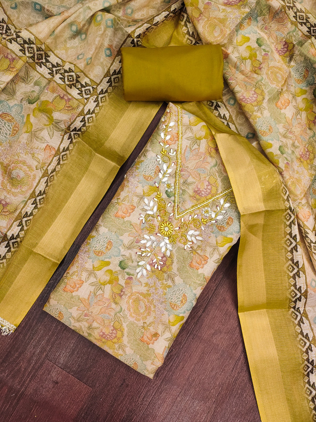 Peachmode Mustard Unstitched Dress Material - Image 3