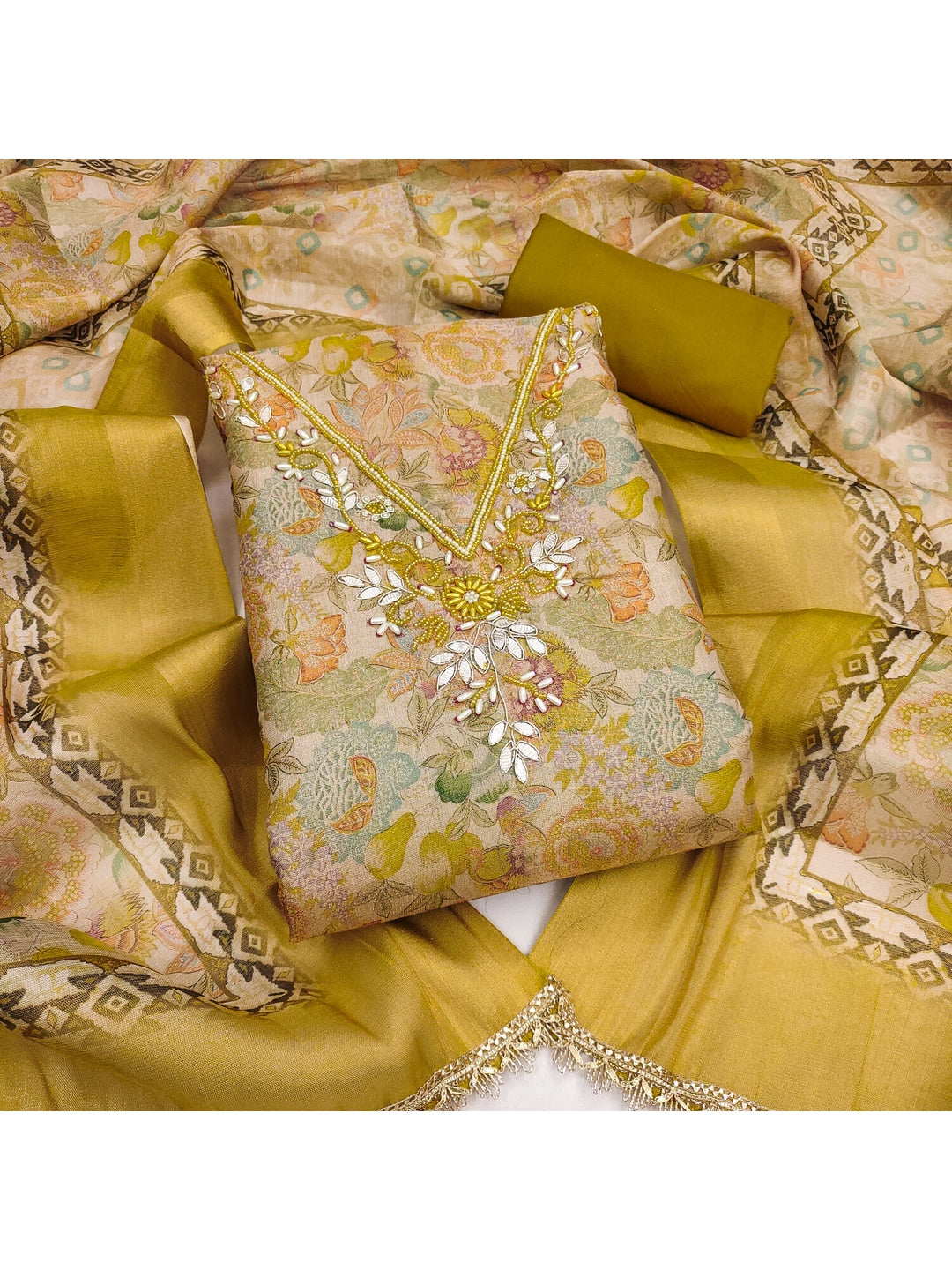 Peachmode Mustard Unstitched Dress Material - Image 4