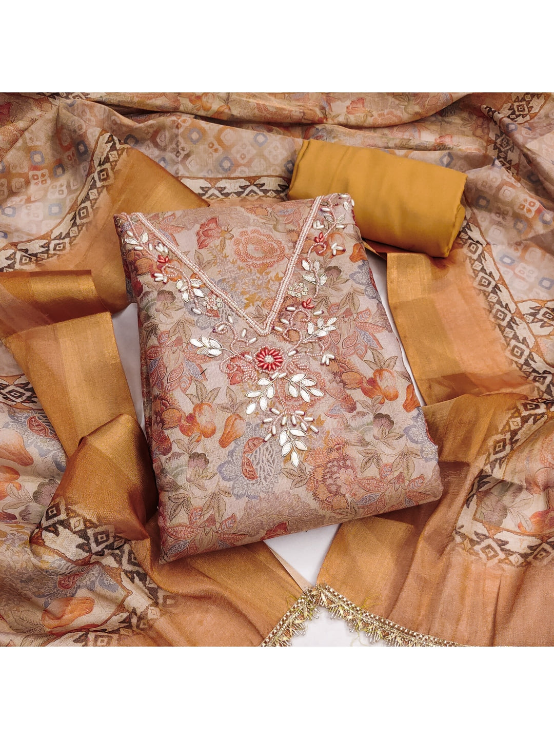 Peachmode Orange Peach Unstitched Dress Material - Image 4