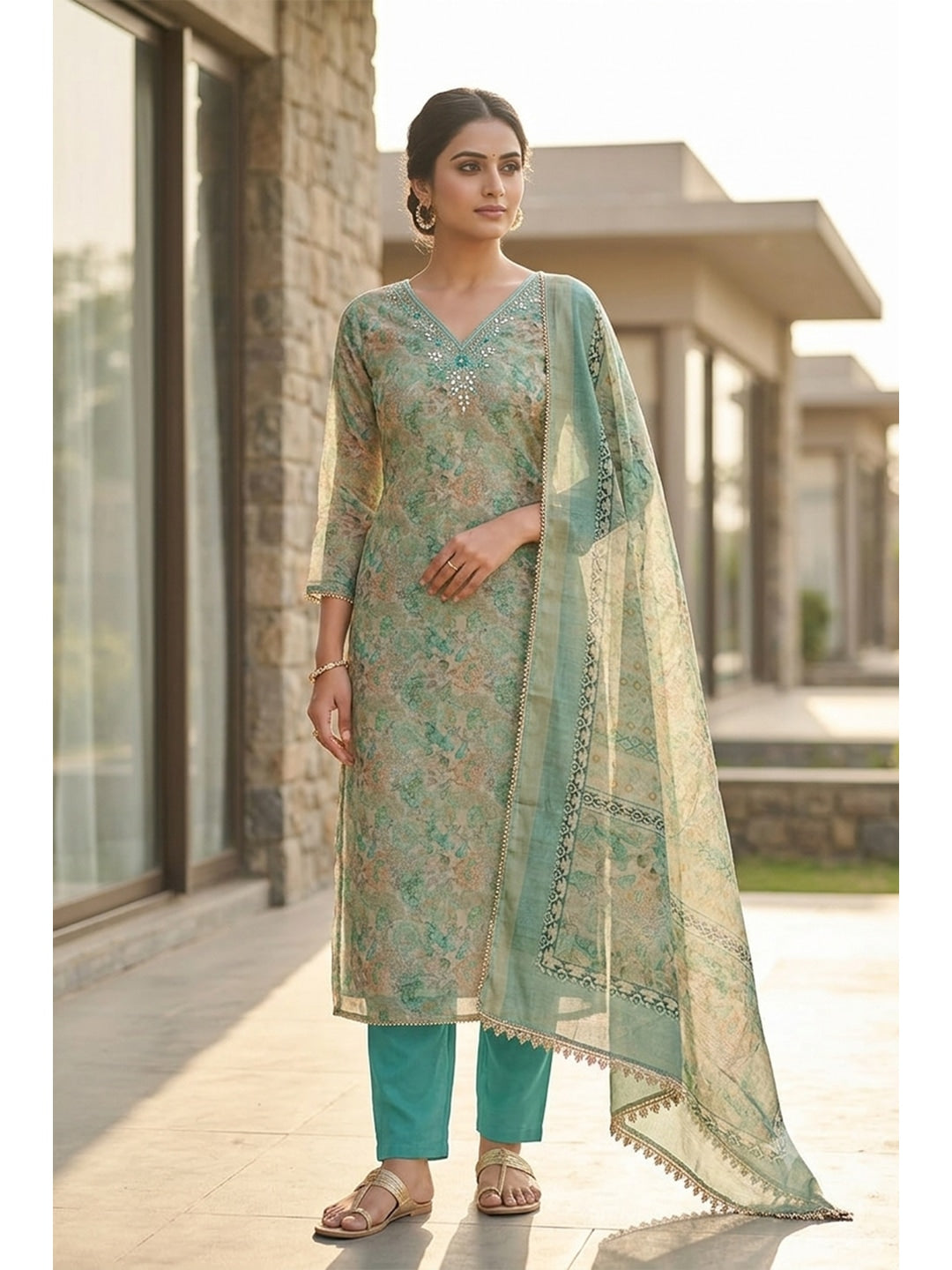Peachmode Turquoise Unstitched Dress Material - Image 1