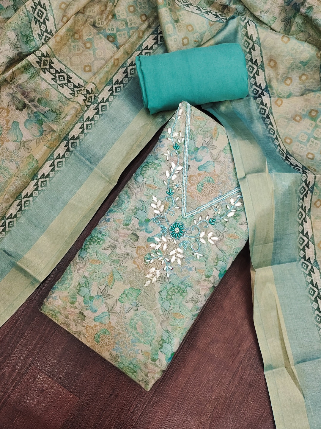 Peachmode Turquoise Unstitched Dress Material - Image 3