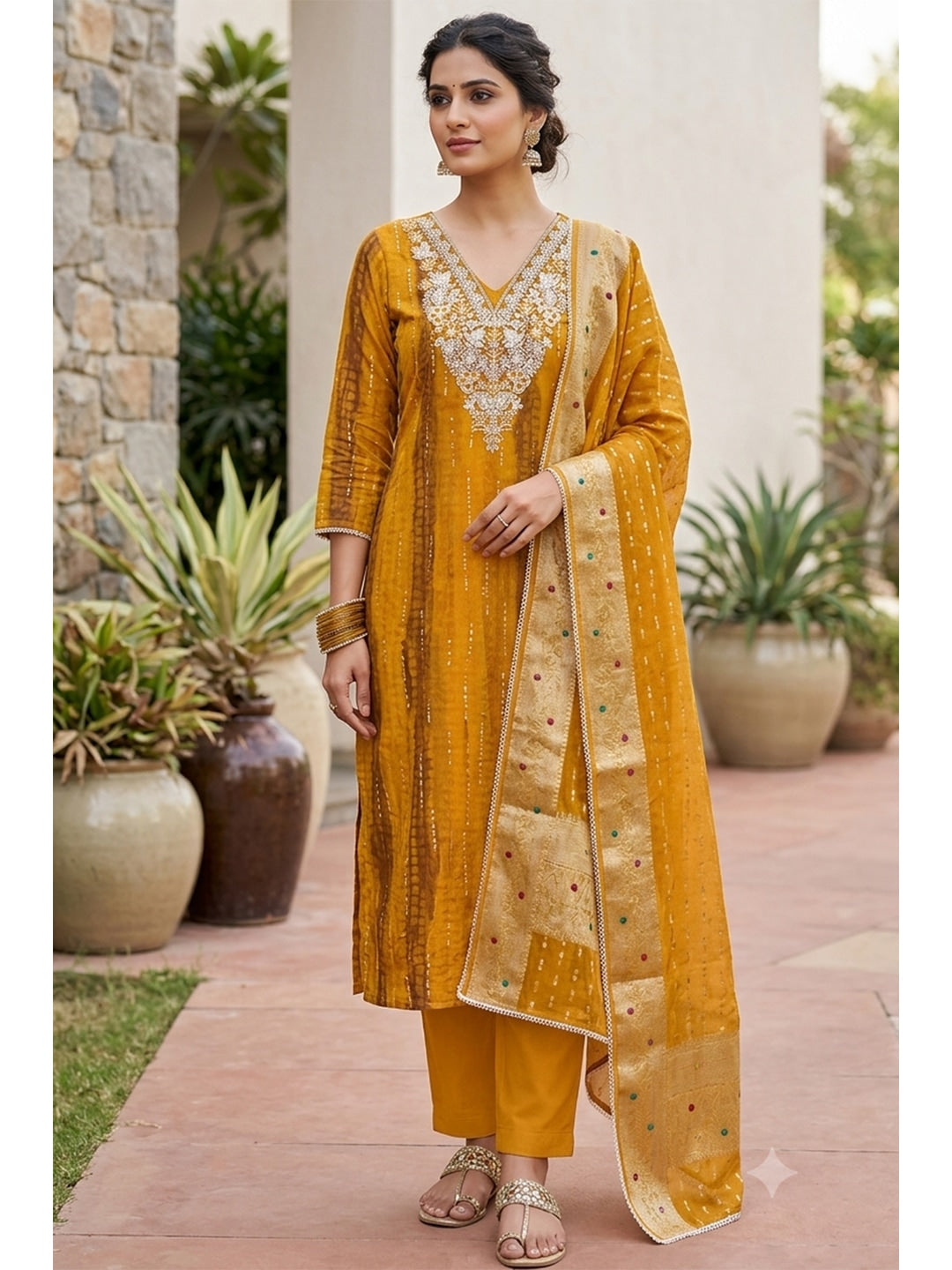 Peachmode Mustard Unstitched Dress Material - Image 1