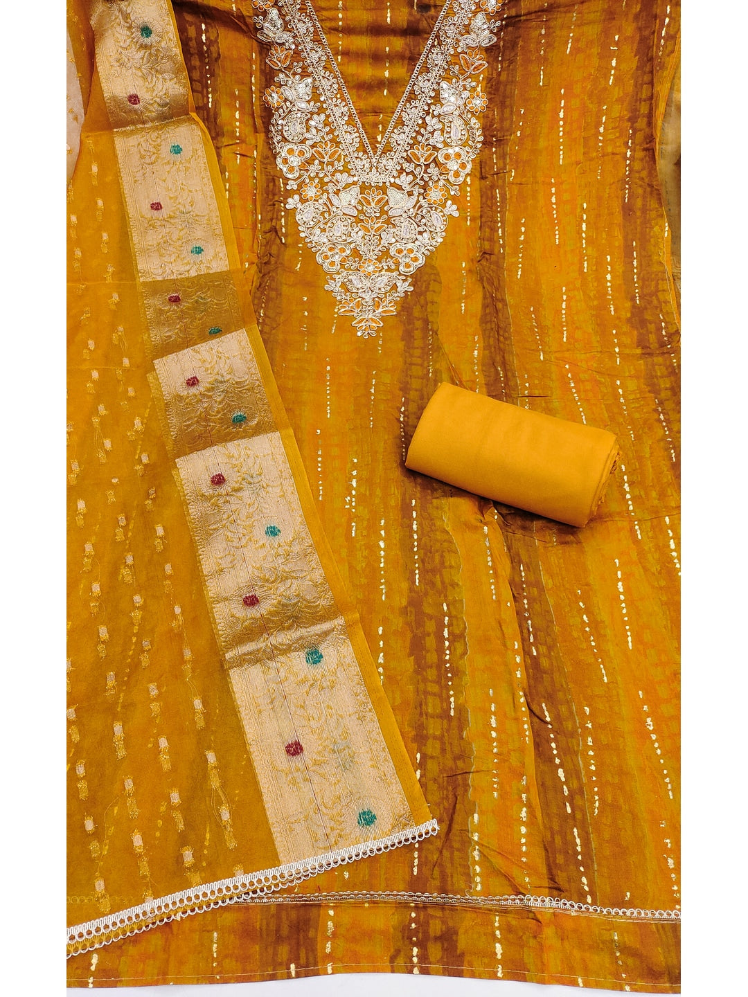 Peachmode Mustard Unstitched Dress Material - Image 2
