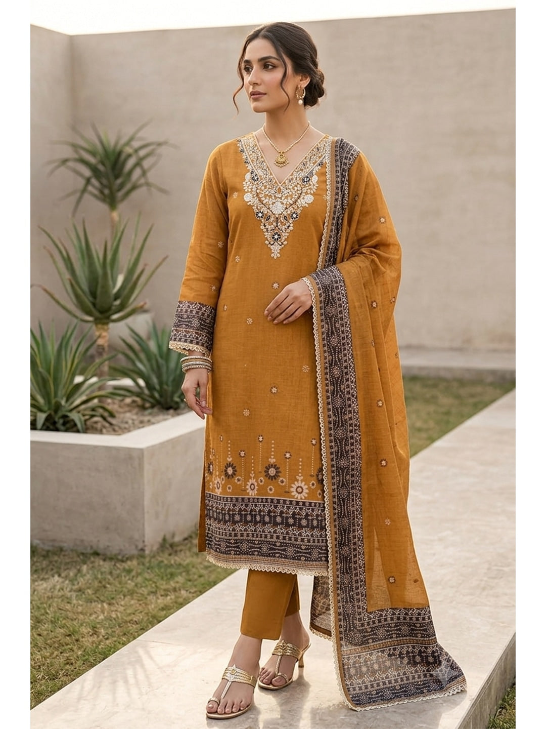 Peachmode Mustard Unstitched Dress Material - Image 1