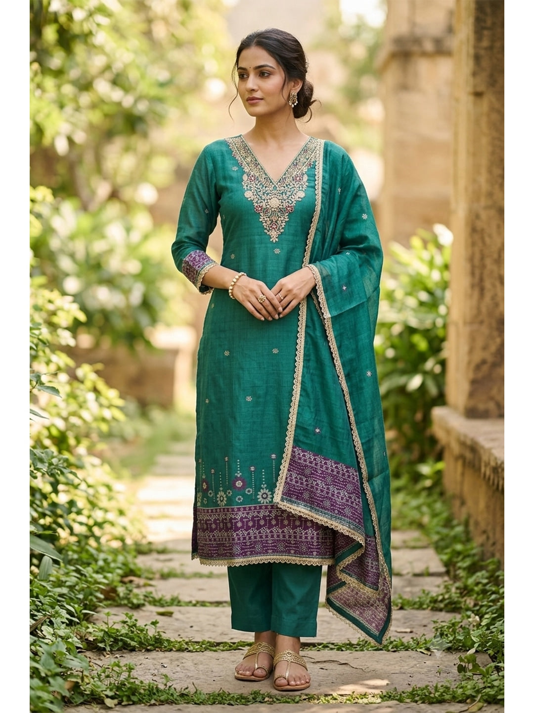 Peachmode Green Unstitched Dress Material - Image 1