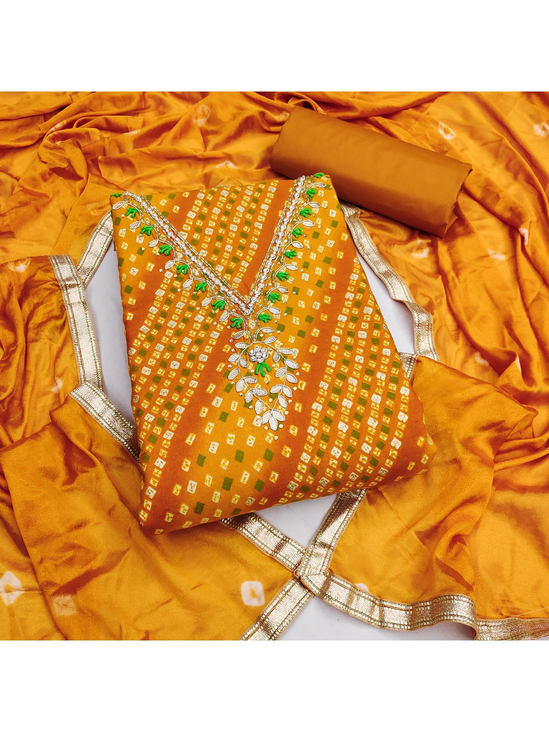 Peachmode Mustard Unstitched Dress Material - Image 4