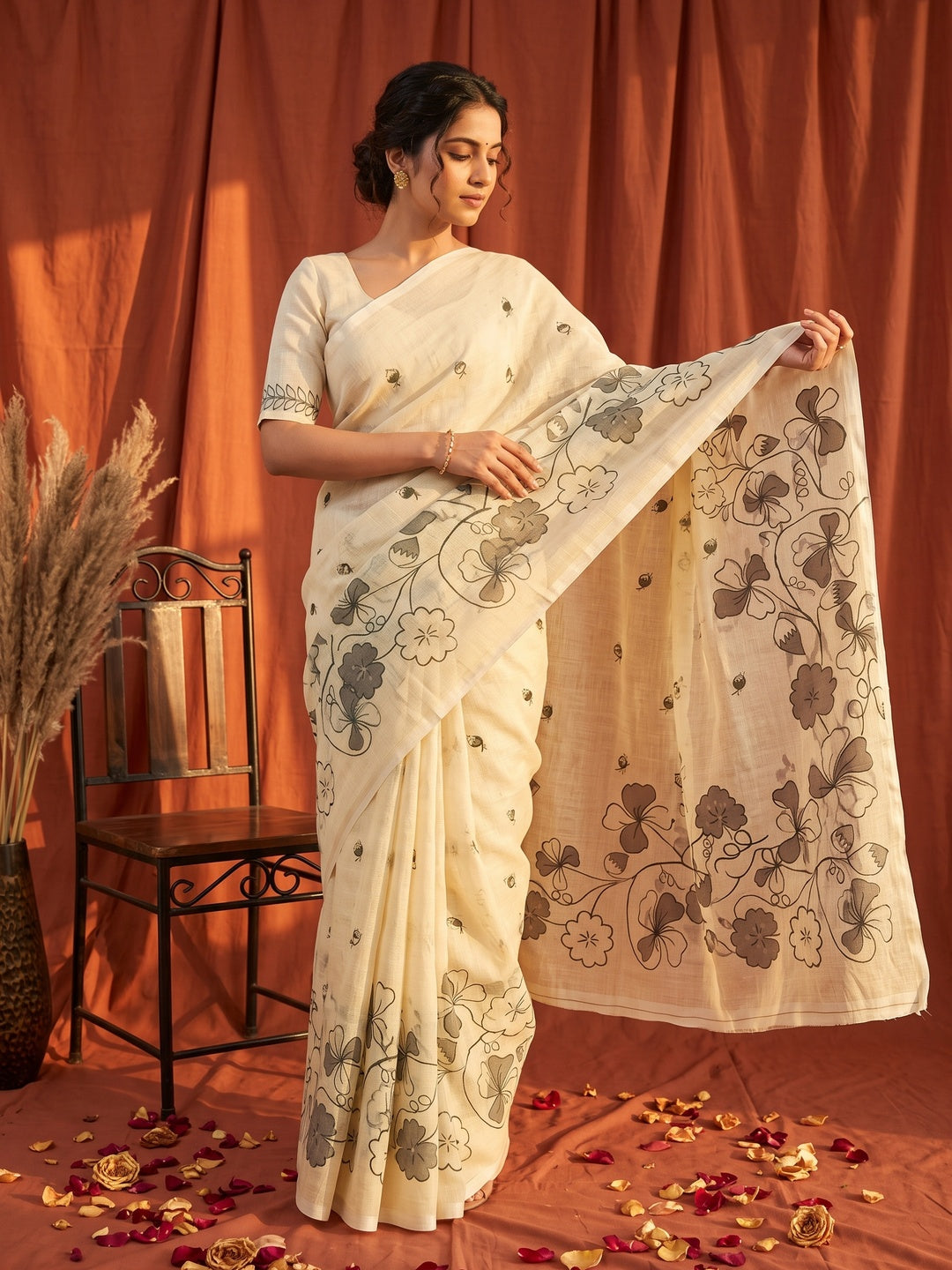 Peachmode Cream Soft Linen Saree - Lisa Linen - Image 5