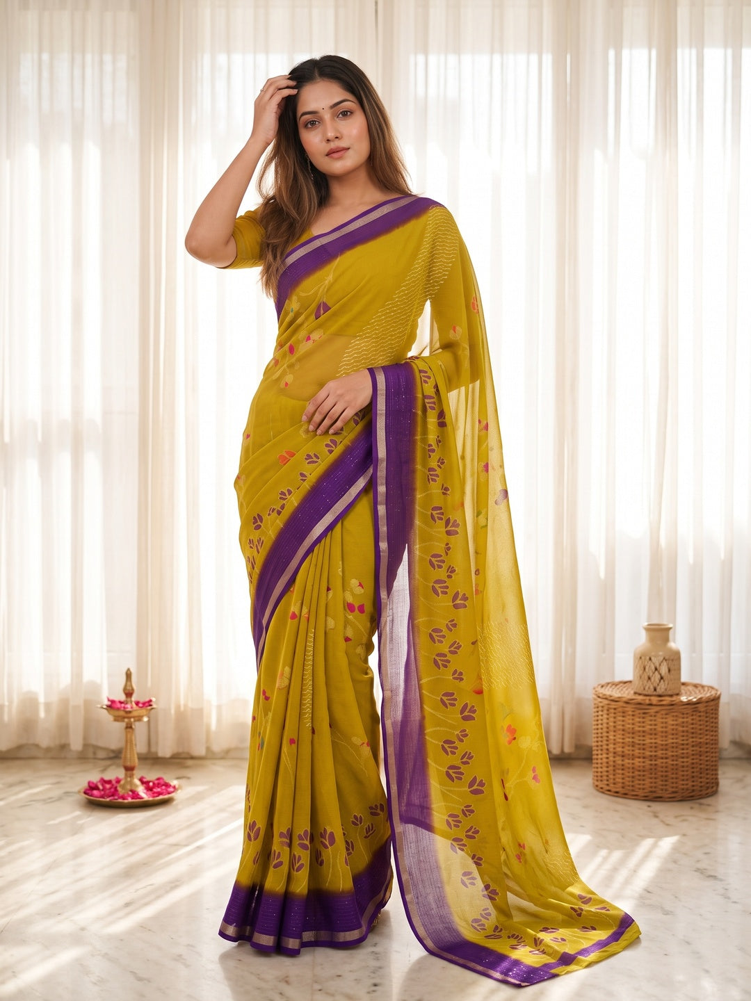 Yellow Floral Print Georgette Saree Featuring Lightweight Fabric and Beautiful Pink Border Detailing - Image 3