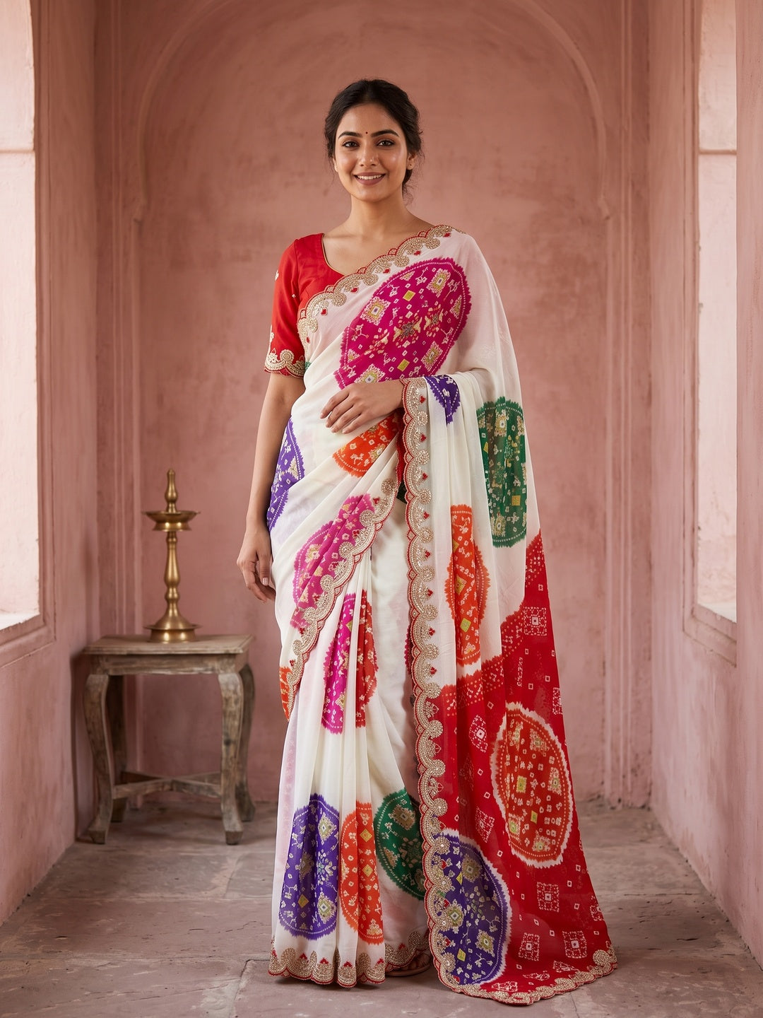 Peachmode White Georgette Saree with Thread Work - Image 6