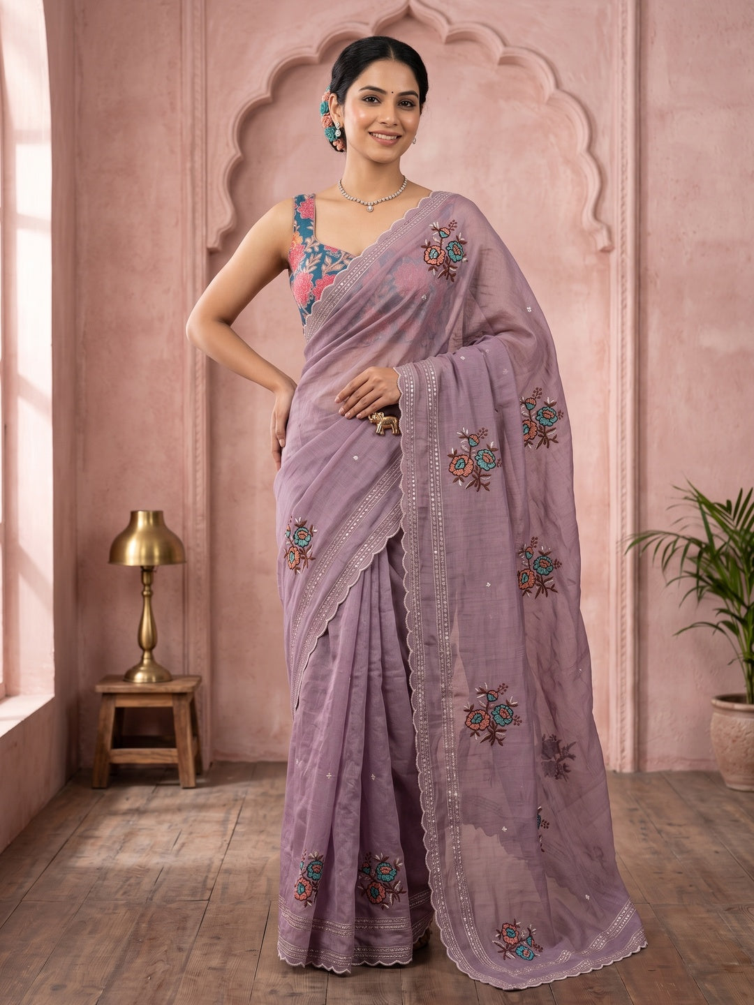 Peachmode Lavender Tana Bana Saree with Multi Embroidery Work - Image 6