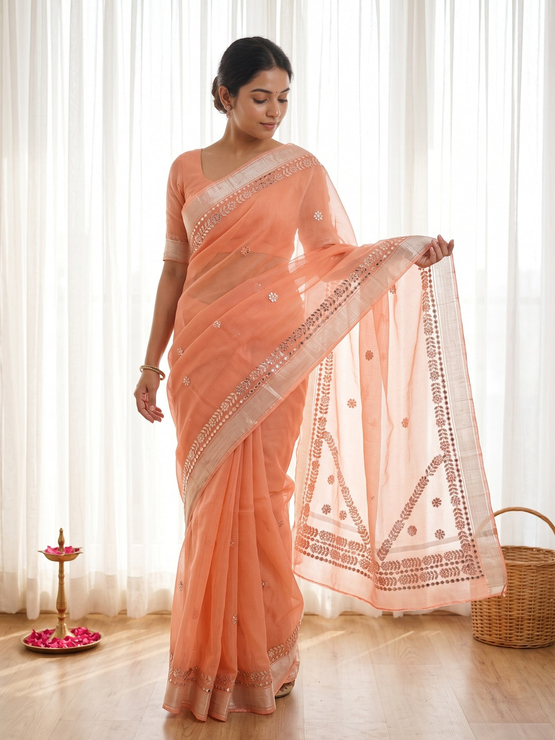 Peachmode Peach Kota Doriya Gota Patti Saree - Image 6