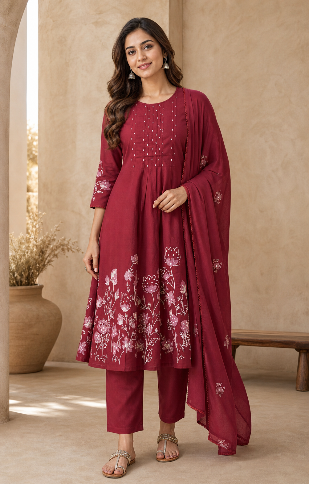 Maroon Pure Cotton Floral Embroidered Salwar Suit Set - Image 1