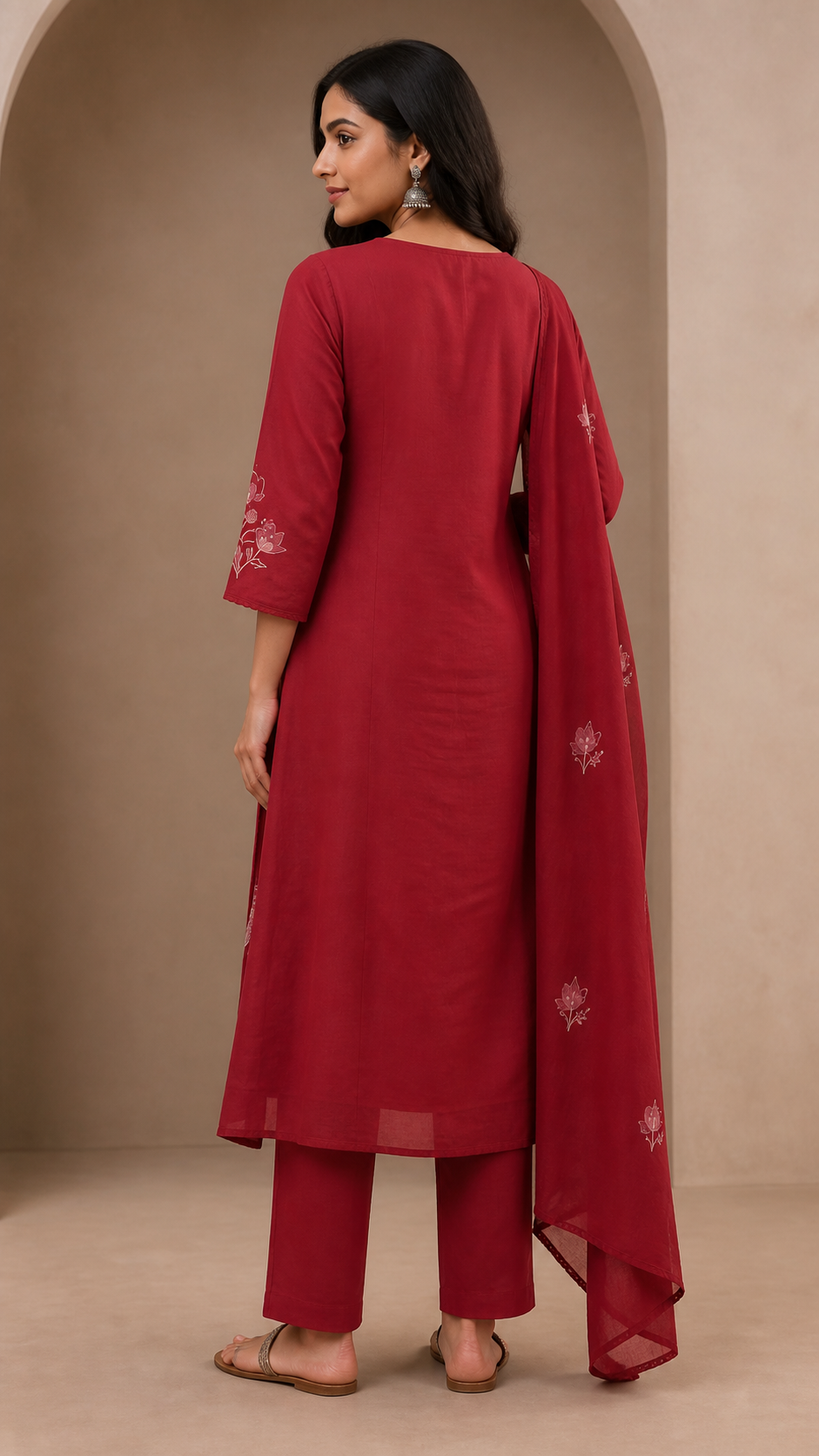 Maroon Pure Cotton Floral Embroidered Salwar Suit Set - Image 4