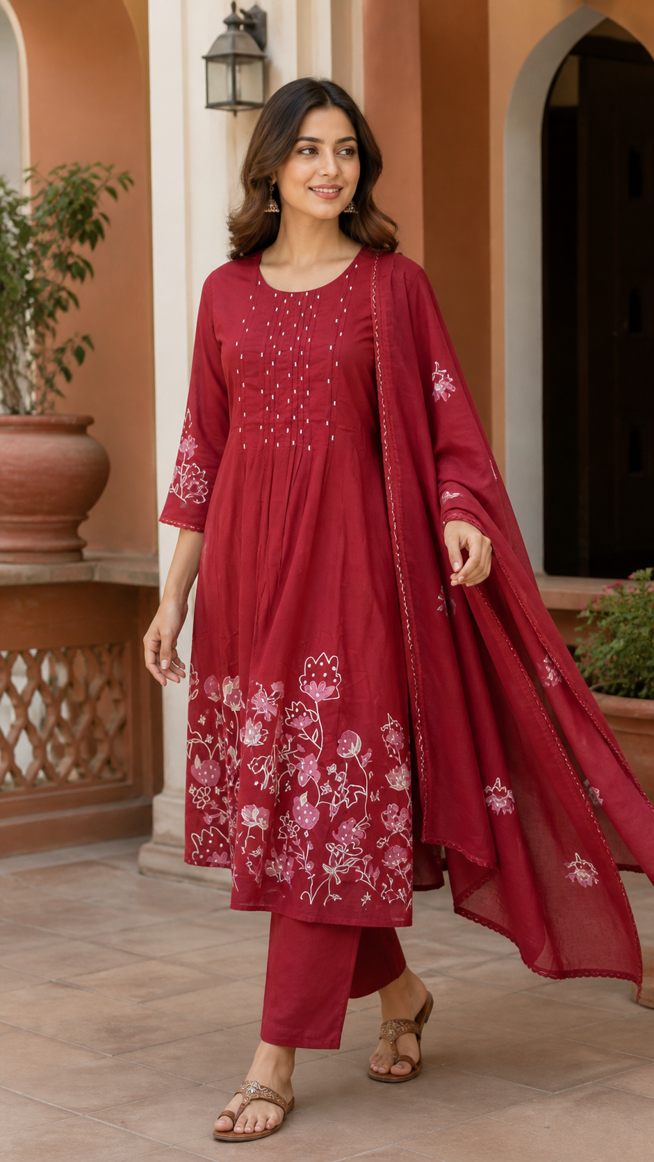 Maroon Pure Cotton Floral Embroidered Salwar Suit Set - Image 5
