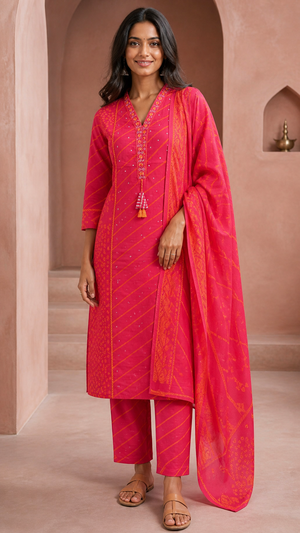 Red Pure Cotton Leheriya Embroidered Salwar Suit Set - Image 1