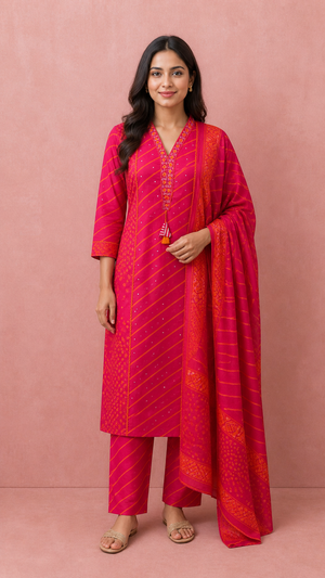 Red Pure Cotton Leheriya Embroidered Salwar Suit Set - Image 2
