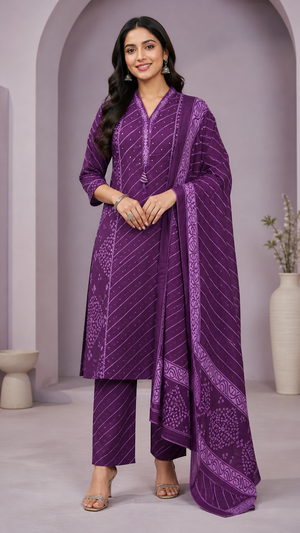 Purple Pure Cotton Leheriya Embroidered Salwar Suit Set - Image 1