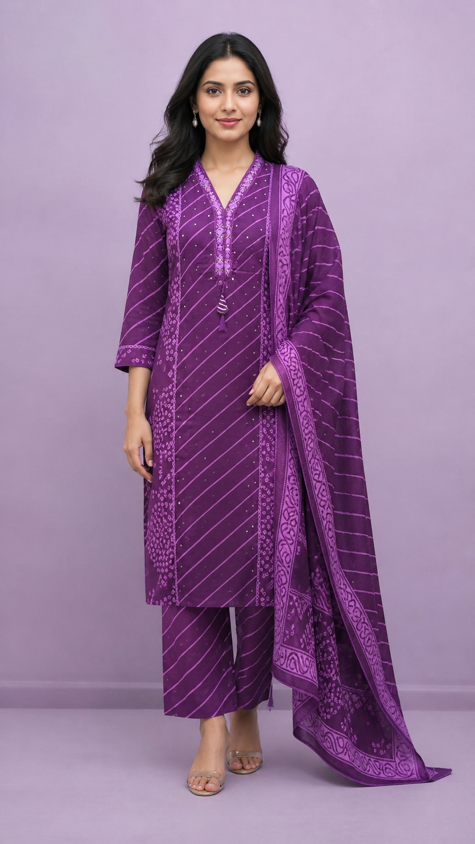 Purple Pure Cotton Leheriya Embroidered Salwar Suit Set - Image 2