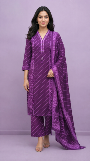 Purple Pure Cotton Leheriya Embroidered Salwar Suit Set - Image 2