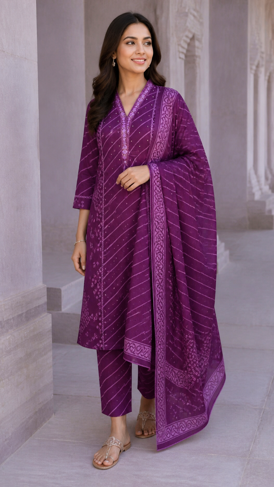 Purple Pure Cotton Leheriya Embroidered Salwar Suit Set - Image 3