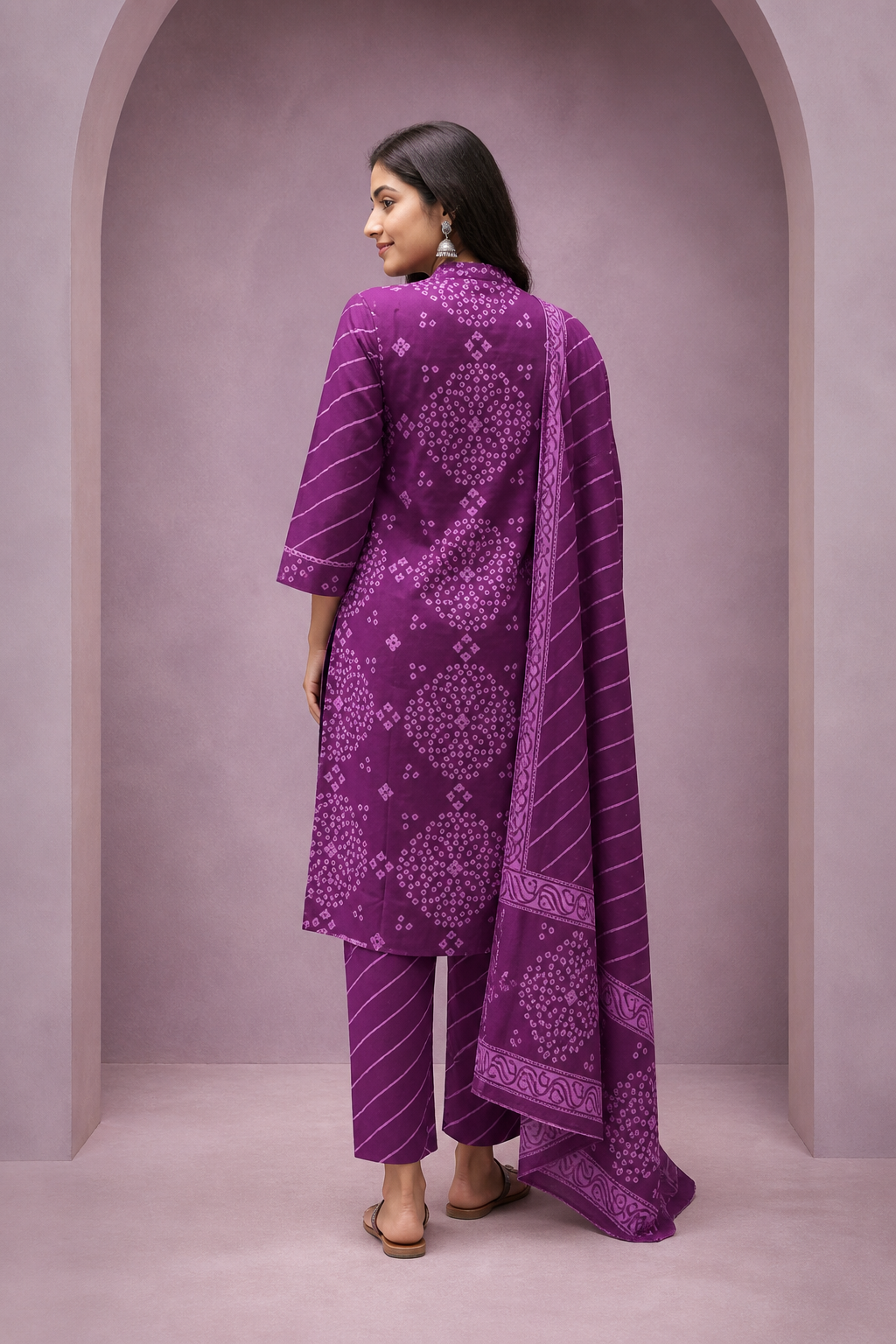 Purple Pure Cotton Leheriya Embroidered Salwar Suit Set - Image 4