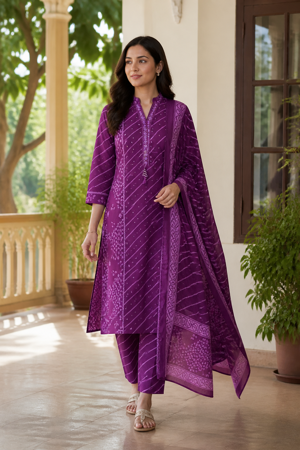 Purple Pure Cotton Leheriya Embroidered Salwar Suit Set - Image 5
