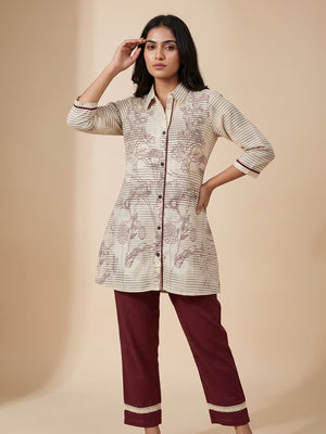 Peachmode Cream Pure Cotton Floral Printed Co-ord Set - Image 1