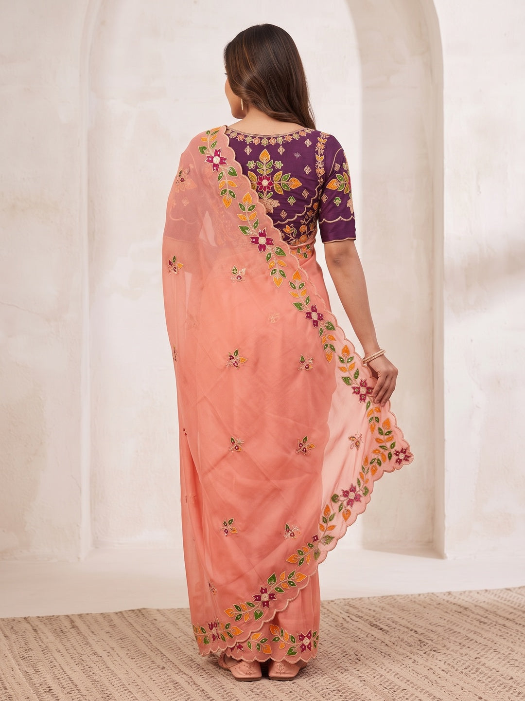 Peachmode Peach Embroidered Shining Georgette Saree - Image 5