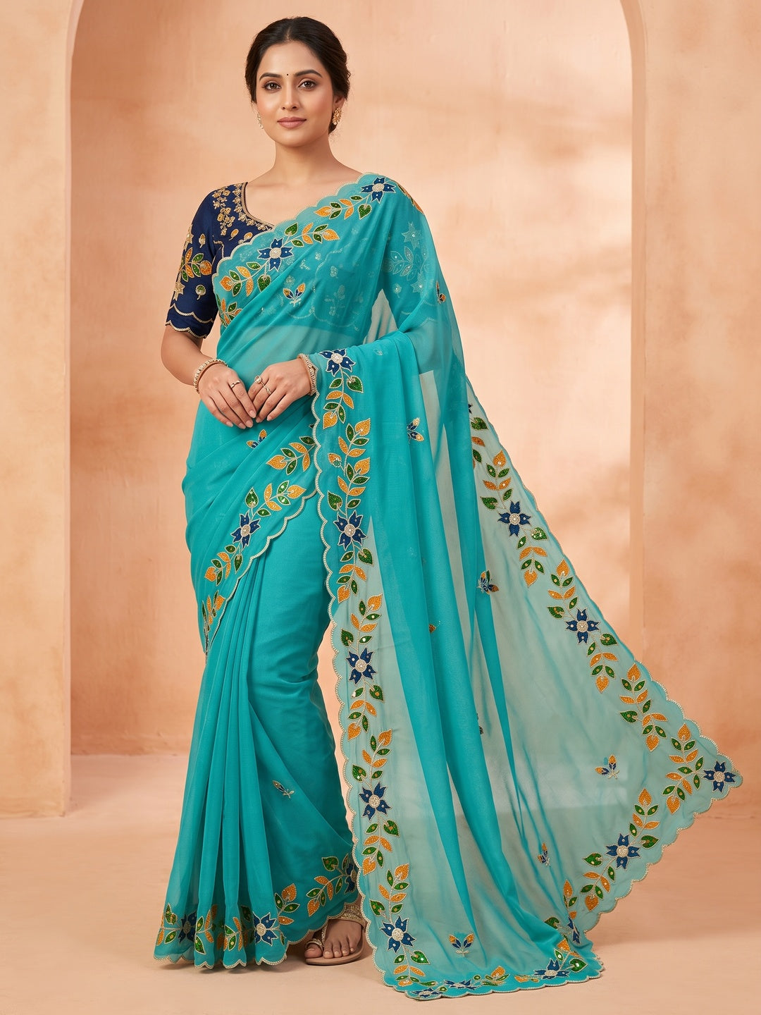 Peachmode Teal Blue Embroidered Shining Georgette Saree - Image 1