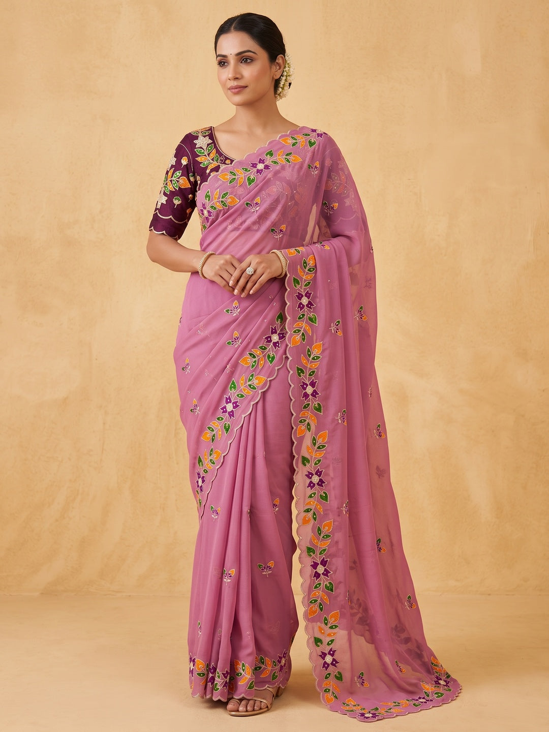 Peachmode Onion Pink Embroidered Shining Georgette Saree - Image 1