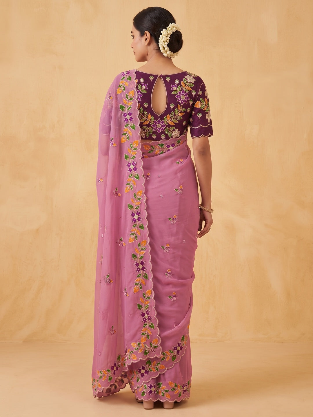 Peachmode Onion Pink Embroidered Shining Georgette Saree - Image 5