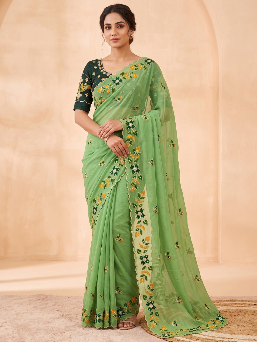Peachmode Green Embroidered Shining Georgette Saree - Image 1