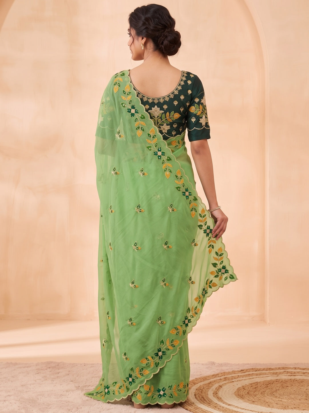 Peachmode Green Embroidered Shining Georgette Saree - Image 5