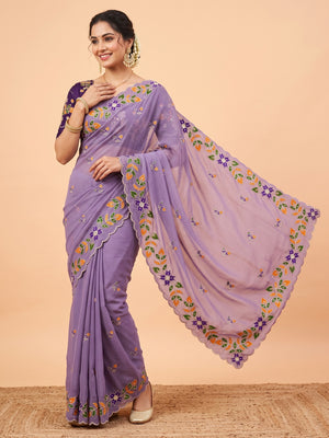 Peachmode Lavender Embroidered Shining Georgette Saree - Image 1