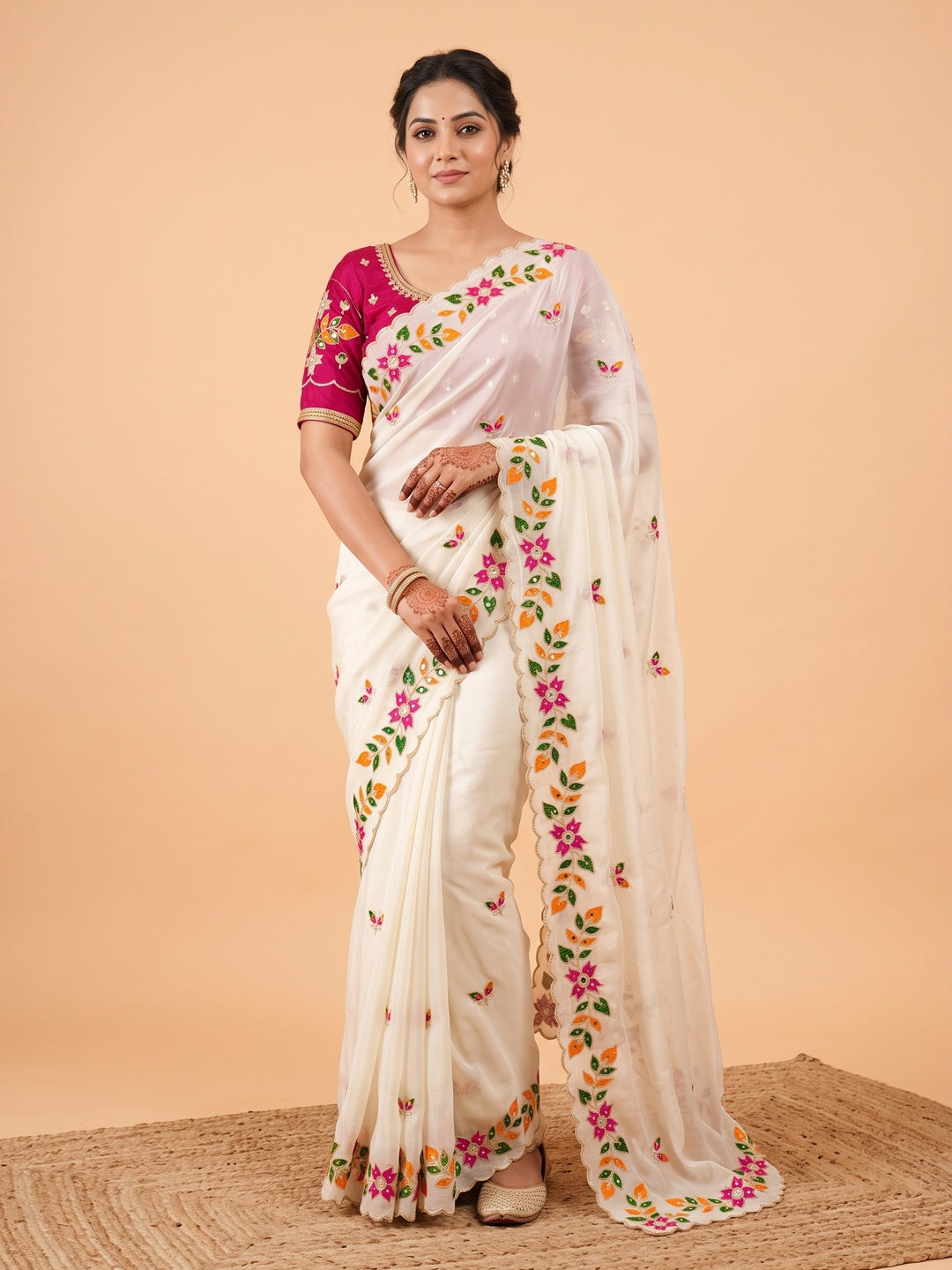 Peachmode Off White Embroidered Shining Georgette Saree - Image 1