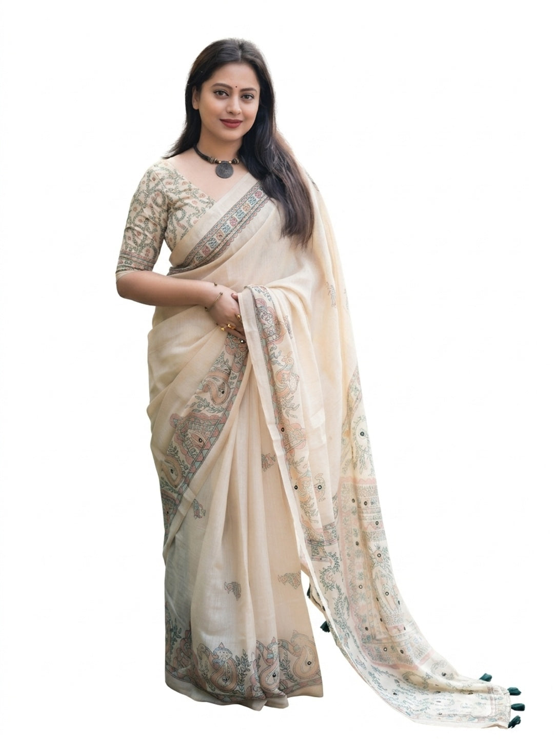 Elegant Cream Linen Saree with Madhubani Print and Tassels - Image 1