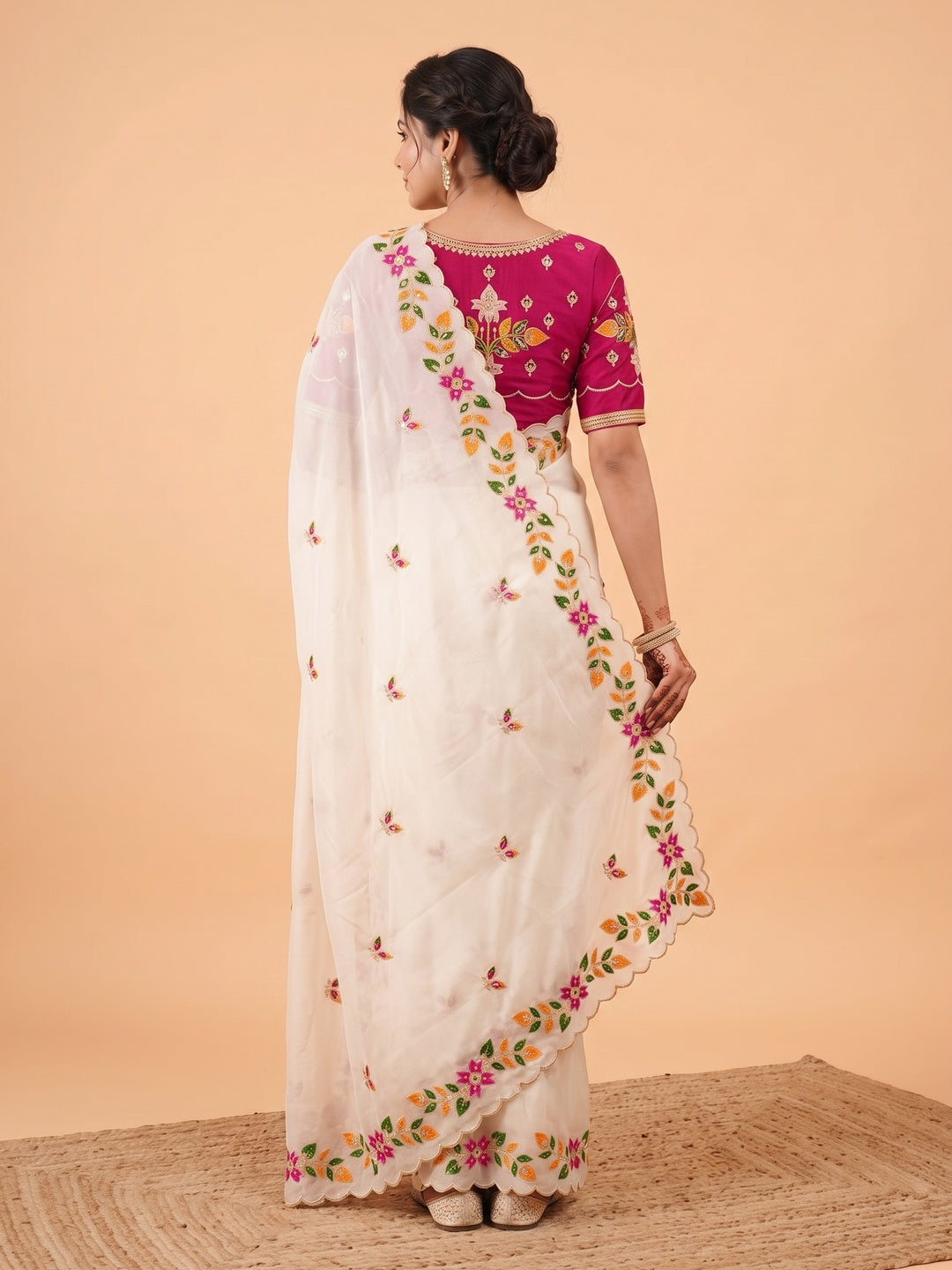 Peachmode Off White Embroidered Shining Georgette Saree - Image 5
