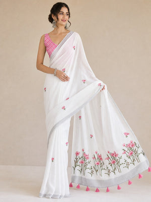 White Pure Linen Saree with Floral Embroidery and Tassel Detailing - Image 1