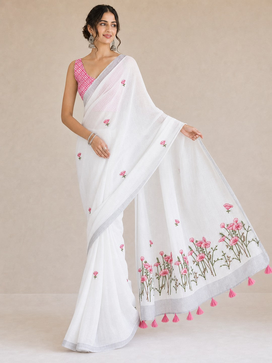 White Pure Linen Saree with Floral Embroidery and Tassel Detailing - Image 3