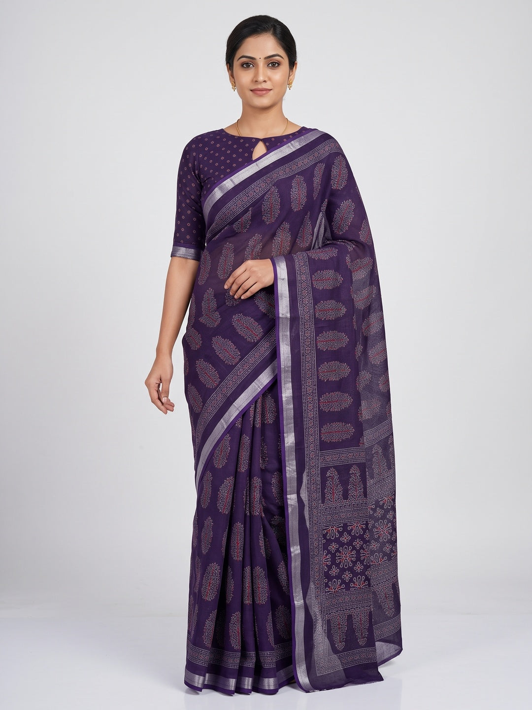 Classic Purple Linen Cotton Saree Featuring Floral Ajrakh Print & Rich Silver Zari Border - Image 1