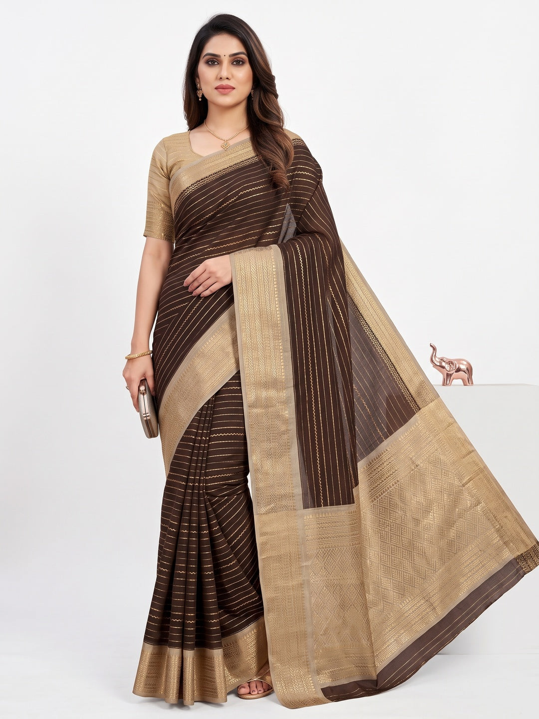 Classic Brown Marshmallow Jacquard Saree Adorned With Refined Striped Zari Weaving Patterns - Image 1