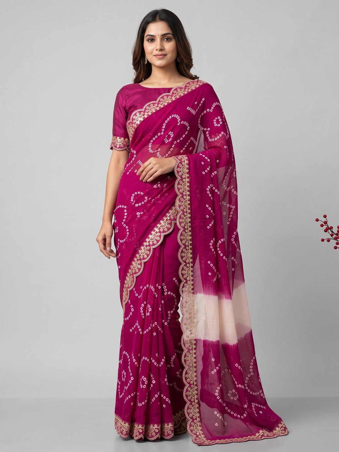 Pink & White Traditional Bandhani Printed Moss Chiffon Saree with Shimmering Sequins Work - Image 1