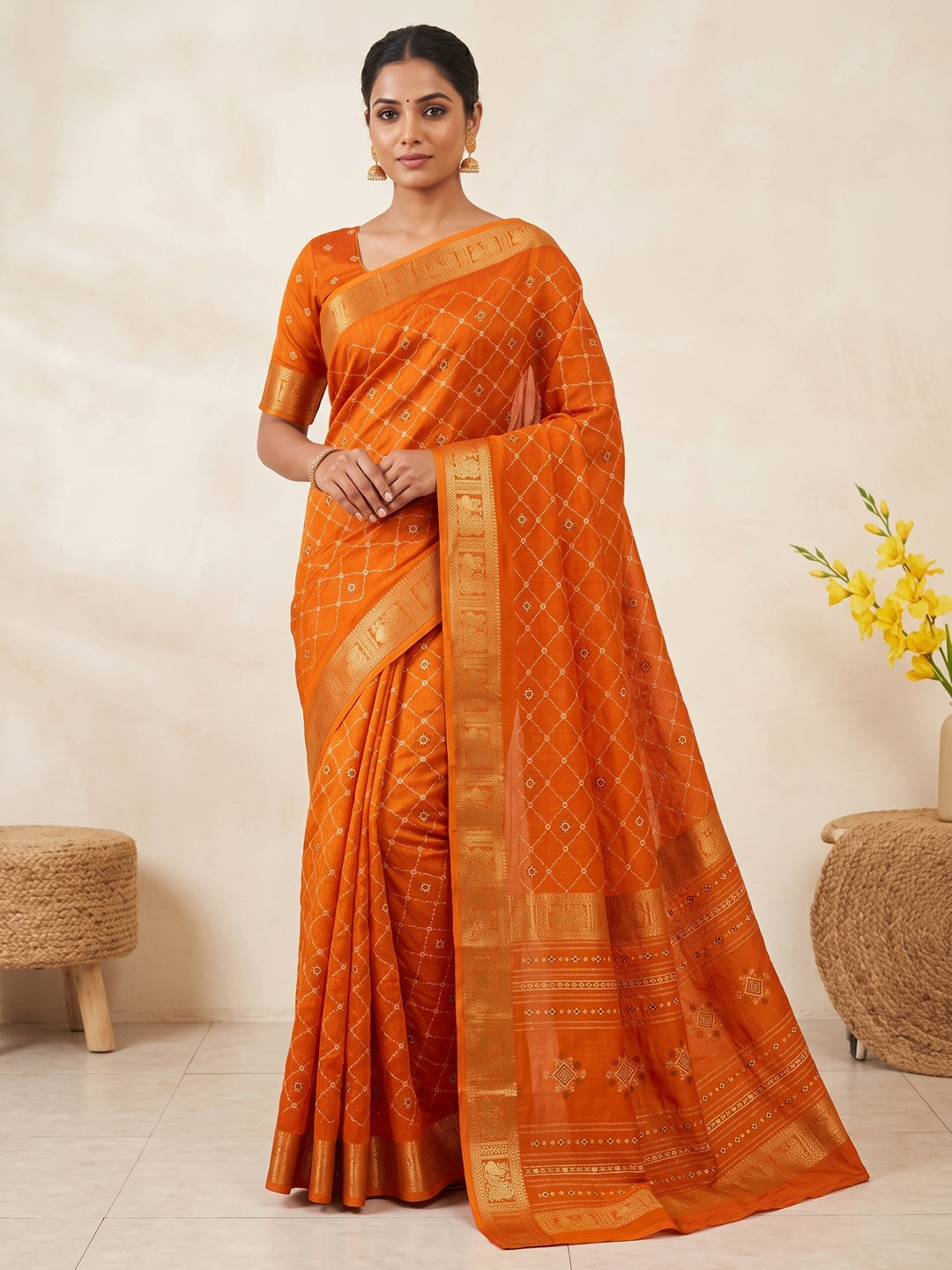 Rich Orange Dola Silk Saree with Blossoming Grid Pattern and Zari Trim - Image 1