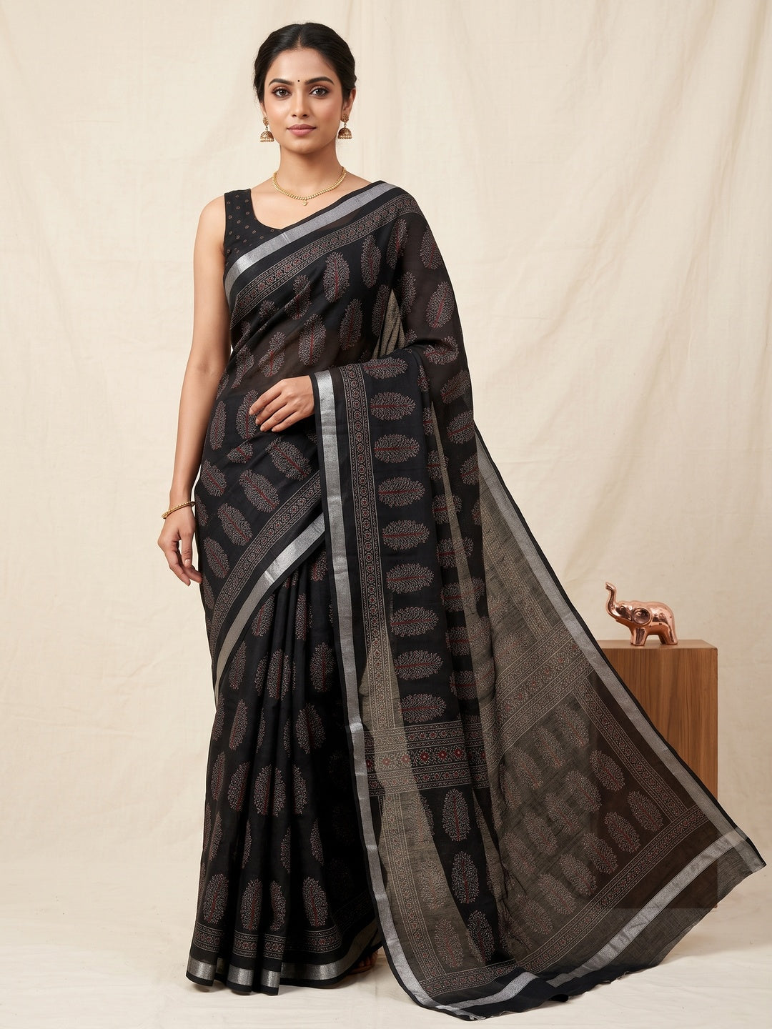Classic Black Linen Cotton Saree Featuring Floral Ajrakh Print & Rich Silver Zari Border - Image 1