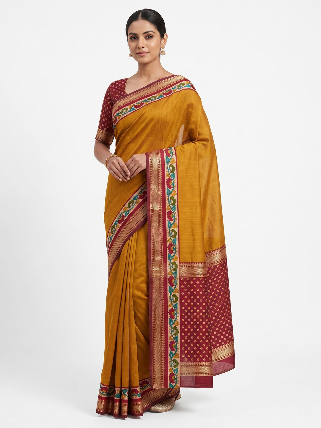 Mustard Soft Mul Cotton Saree with Kalamkari Pallu & Zari border - Image 1